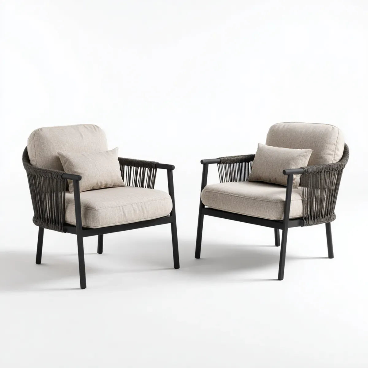 2er Set Loungesessel Beige Schwarz mit Polyesterbezug Stahlgestell und Seilbespannung 72 x 75 x 78 cm